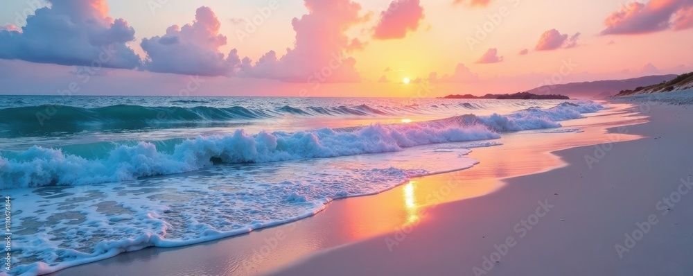 Fototapeta premium Soft pastel sunrise paints sky above gentle waves washing over smooth, reflective sand , white, summer