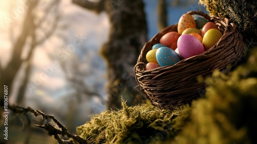 A scenic Easter egg hunt with baskets and eggs hidden among the trees