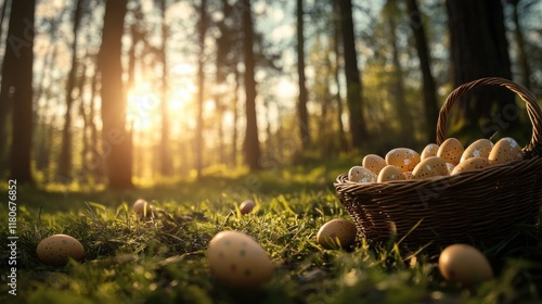 A scenic Easter egg hunt with baskets and eggs hidden among the trees