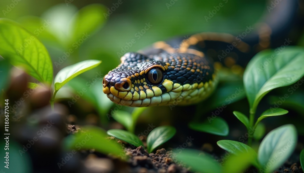 Close-up of a serpent's head, camouflaged in foliage, wild, snake Close-up of a serpent's head, camouflaged in foliage, wild, snake