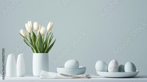 A table set with an Easter brunch centerpiece featuring tulips and eggs