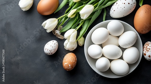 A table set with an Easter brunch centerpiece featuring tulips and eggs