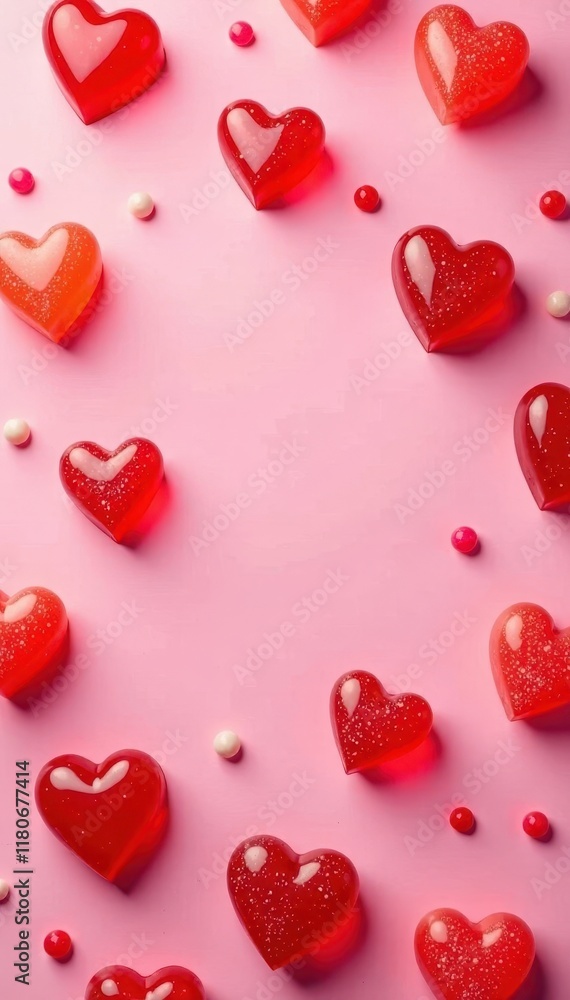 Pink background, red heart jellies, colorful candies in playful pattern , colorful, sugar Pink background, red heart jellies, colorful candies in playful pattern , colorful, sugar
