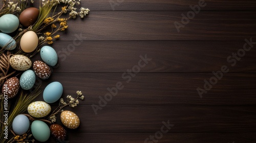 A top view of a decorative Easter egg garland hanging over a rustic table