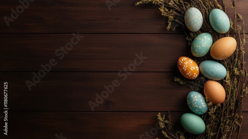 A top view of a decorative Easter egg garland hanging over a rustic table