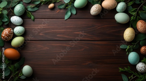 A top view of a decorative Easter egg garland hanging over a rustic table
