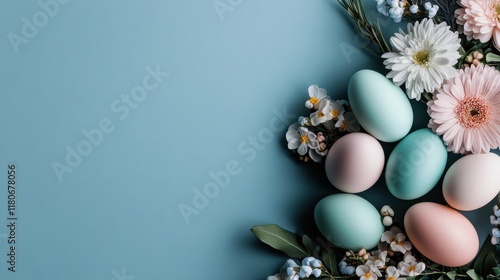 A top view of a spring-themed Easter centerpiece with flowers and pastel eggs