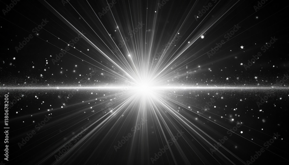 Fototapeta premium Bright white light effect with rays and highlights, glow particle, black background