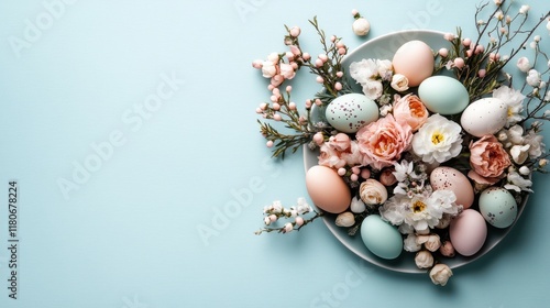 A top view of a spring-themed Easter centerpiece with flowers and pastel eggs