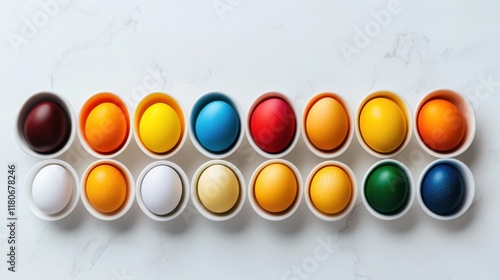 A top view of an Easter egg dyeing setup with bowls of vibrant colors