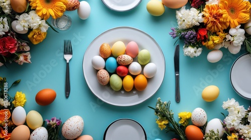 A top view of an Easter feast table decorated with colorful eggs and flowers