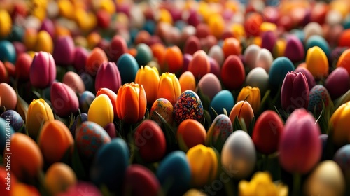A vibrant field of tulips with painted eggs scattered among the flowers