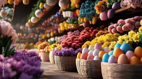 A vibrant Easter marketplace filled with flowers, eggs, and festive decor