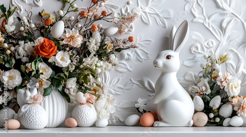 A whimsical Easter display featuring bunny figurines and fresh spring flowers