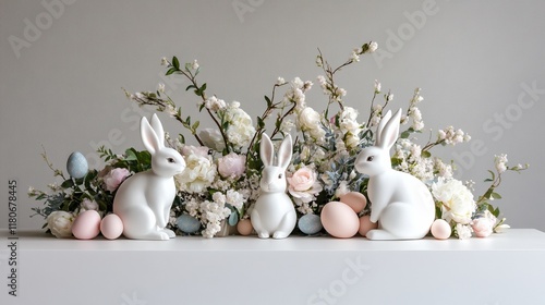 A whimsical Easter display featuring bunny figurines and fresh spring flowers