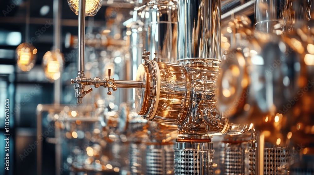 Fototapeta premium High-tech distillation columns with intricate piping and valves, clean environment 