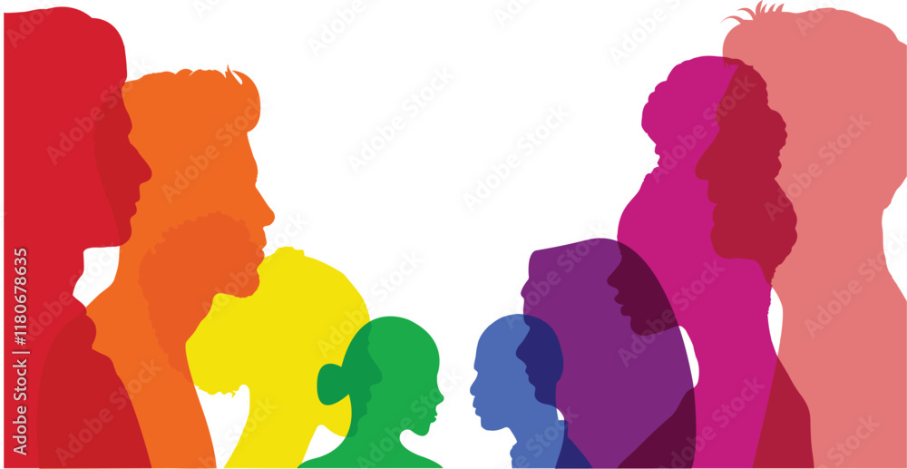 Symbolizing Racial Equality and Anti-Racism, Diverse Multiethnic and Multiracial People, Colored Racial Equality, Silhouette Group Standing Together Symbolizing Racial Equality and Anti-Racism, Diverse Multiethnic and Multiracial People, Colored Racial Equality, Silhouette Group Standing Together