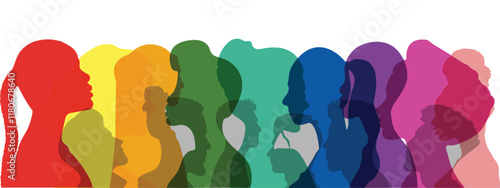 Symbolizing Racial Equality and Anti-Racism, Diverse Multiethnic & Multiracial People, Colored Racial Equality, Silhouette Group Standing Together