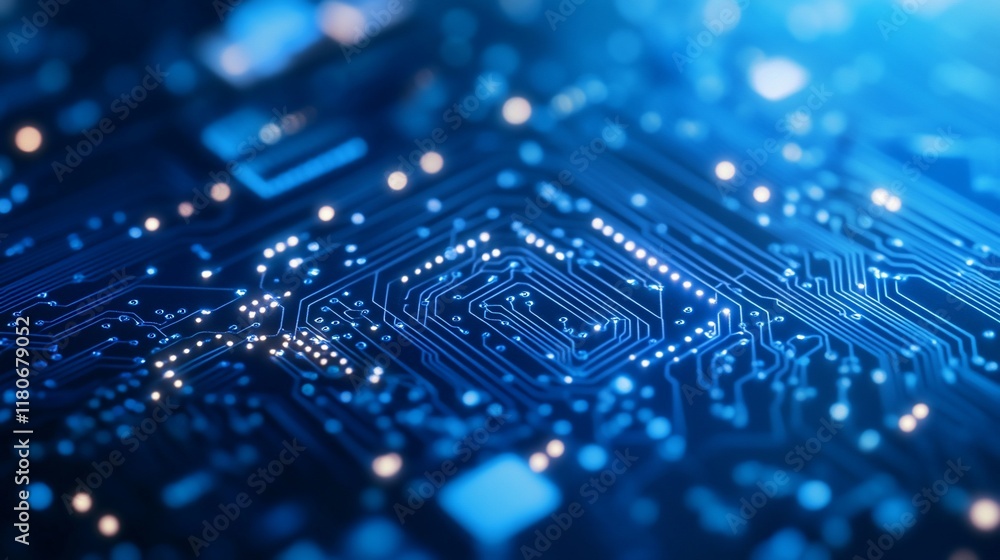 Close-up of illuminated circuit board, showcasing intricate pathways and connections. Close-up of illuminated circuit board, showcasing intricate pathways and connections.
