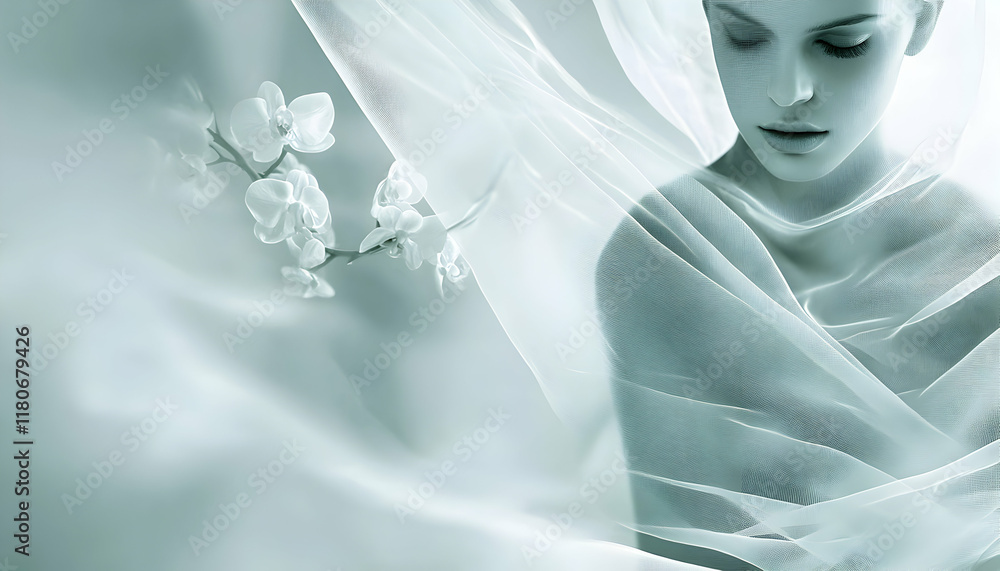 Serene woman enveloped in sheer fabric with delicate orchids, evoking peace and tranquility. A beautiful, ethereal image perfect for spa, beauty, or wellness concepts. Serene woman enveloped in sheer fabric with delicate orchids, evoking peace and tranquility. A beautiful, ethereal image perfect for spa, beauty, or wellness concepts.