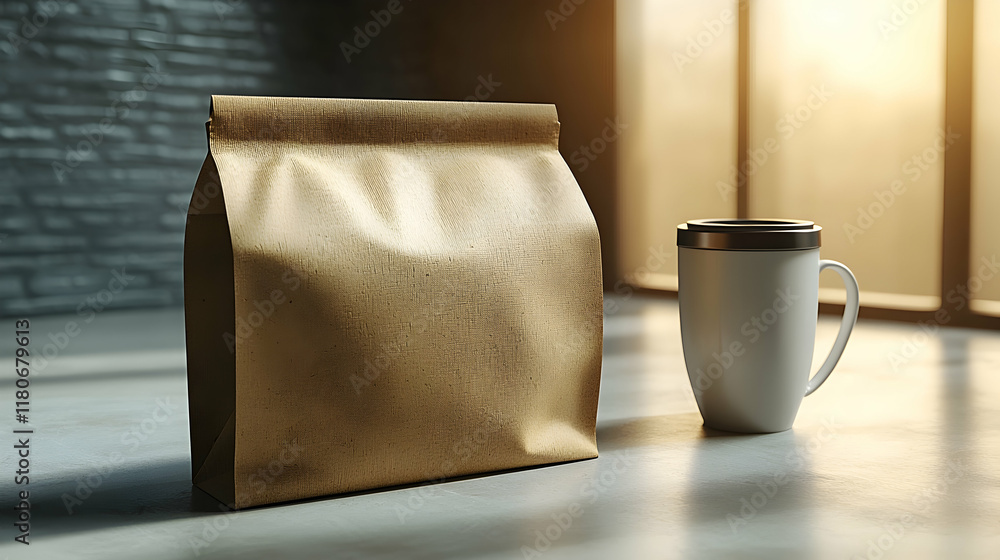 Mockup of brown paper food bag and coffee mug in modern interior with natural light.