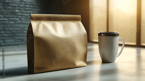 Obraz na płótnie Mockup of brown paper food bag and coffee mug in modern interior with natural light. w salonie