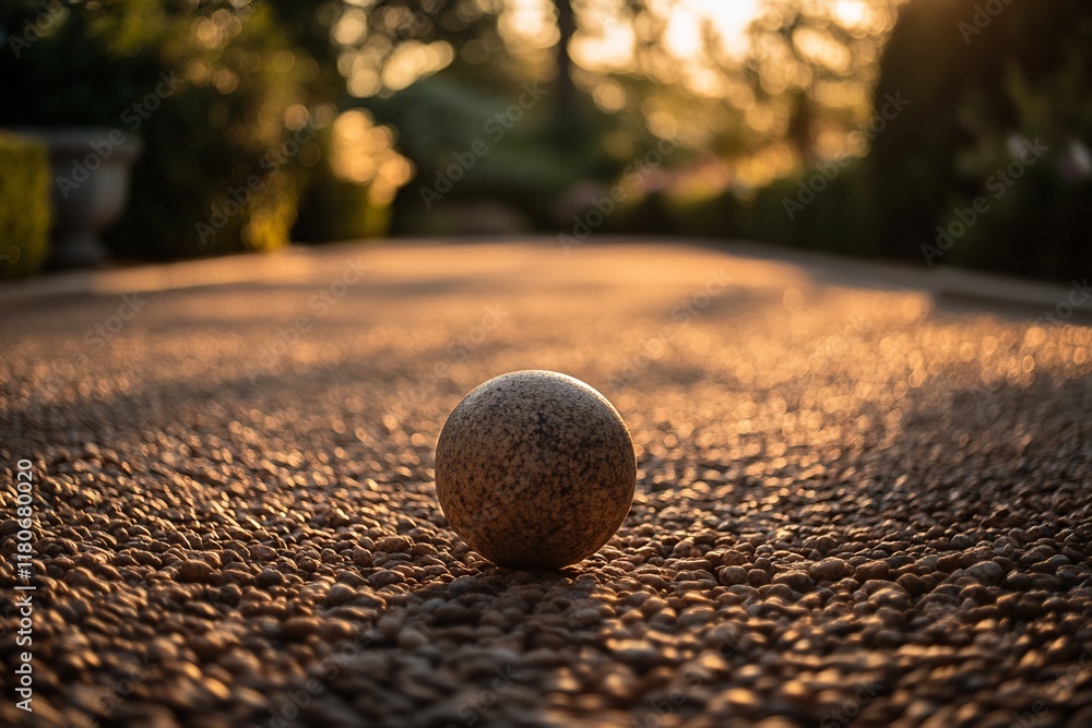 Stone ball on pebble ground at sunset. Stone ball on pebble ground at sunset.
