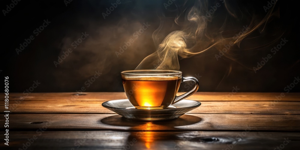 Aromatic Steam Rising from a Glass of Warm Tea on Rustic Wood Aromatic Steam Rising from a Glass of Warm Tea on Rustic Wood