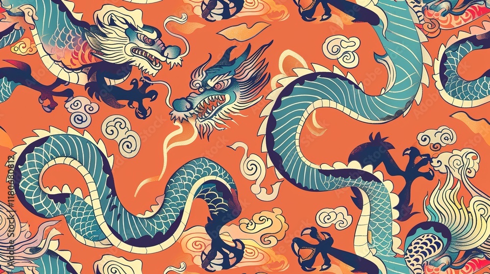 Obraz premium Chinese dragon seamless pattern wallpaper
