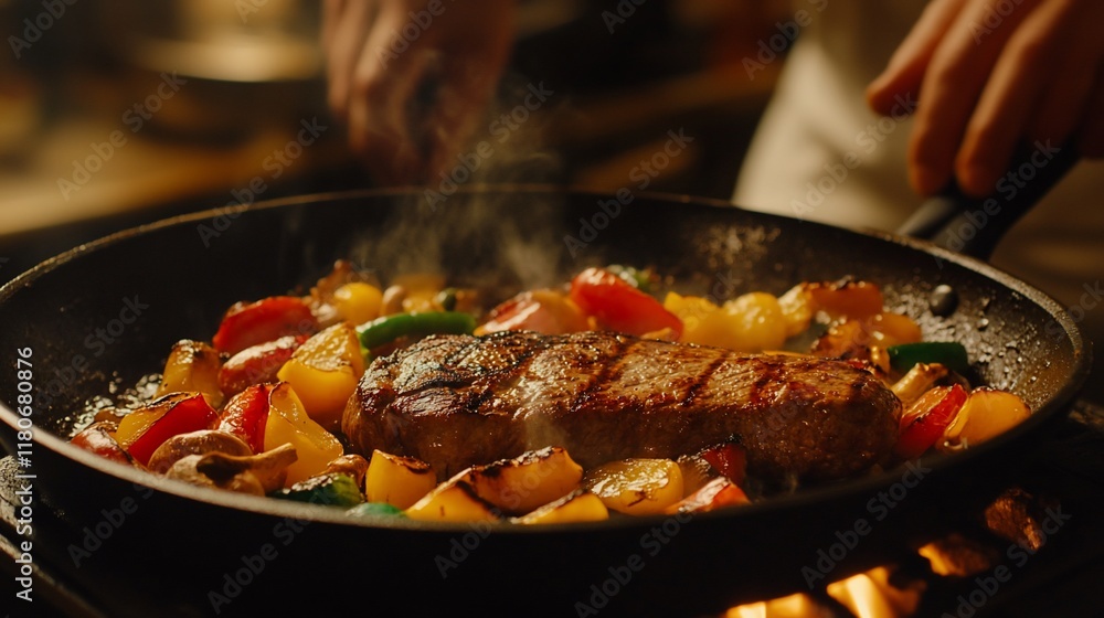 Sizzling steak and vegetables cooking in a pan. Sizzling steak and vegetables cooking in a pan.