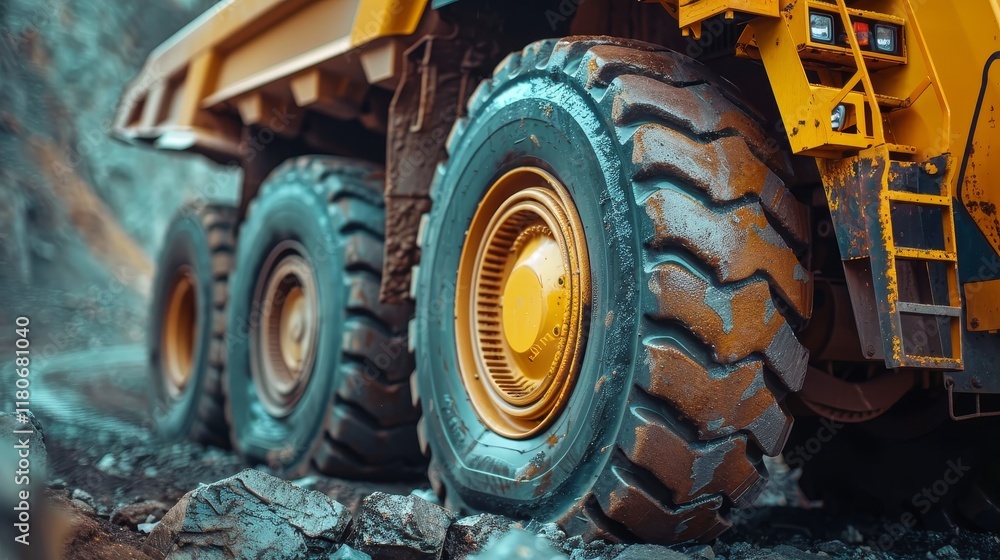 A close-up view gigantic mining haul truck, construction site with motion visible on tires A close-up view gigantic mining haul truck, construction site with motion visible on tires