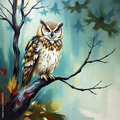 Owl . Oil painting. Logo design for use in graphics. Print on a T-shirt, design for printing on wall decorations. Artistic brush strokes photo