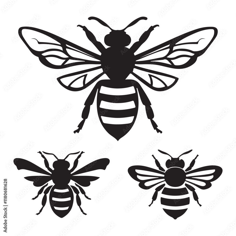 High-quality vector illustration of three different bee silhouettes with detailed wings and body patterns, perfect for nature-themed designs and educational materials High-quality vector illustration of three different bee silhouettes with detailed wings and body patterns, perfect for nature-themed designs and educational materials