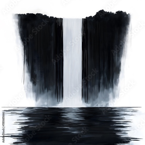 Minimalistic Black and White Waterfall with Flowing Cascade and Abstract Contrast on White Background