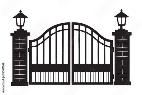 Gate silhouette vector design on white background. Elegant wrought iron gate with lanterns on stone pillars, classic entrance design for homes