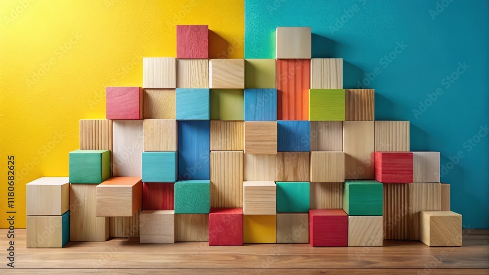 Colorful Wooden Blocks Arranged in a Creative Stack Against a Two-Tone Wall Colorful Wooden Blocks Arranged in a Creative Stack Against a Two-Tone Wall