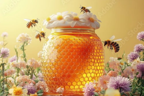 Honey Jar with Bees and Wildflowers on Yellow Background photo