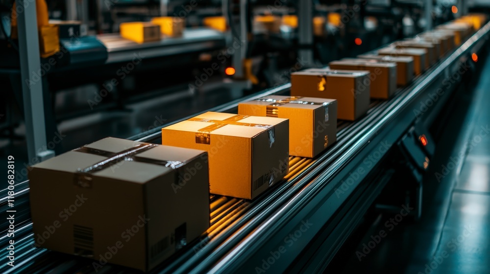 Automated Package Sorting Futuristic Conveyor Belt System with Cardboard Boxes Automated Package Sorting Futuristic Conveyor Belt System with Cardboard Boxes