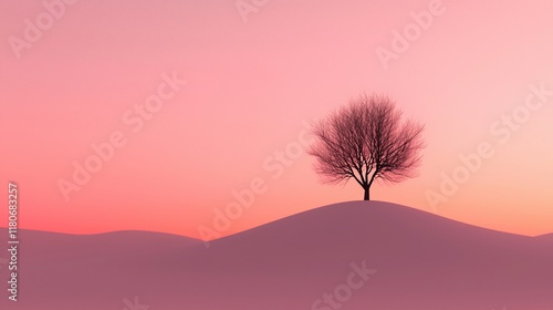 Solitary tree on a pink hill at sunset.
