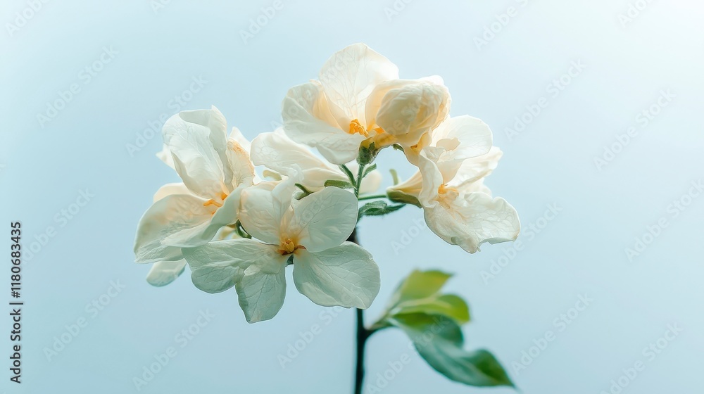 Obraz premium Delicate White Blossoms Spring Flowers Soft Blue Background Floral Photography Nature