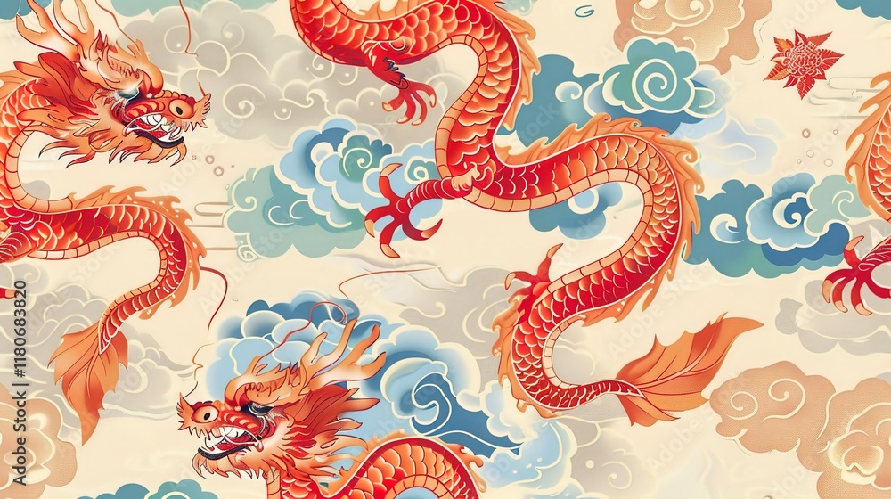 Obraz premium Chinese dragon seamless pattern wallpaper