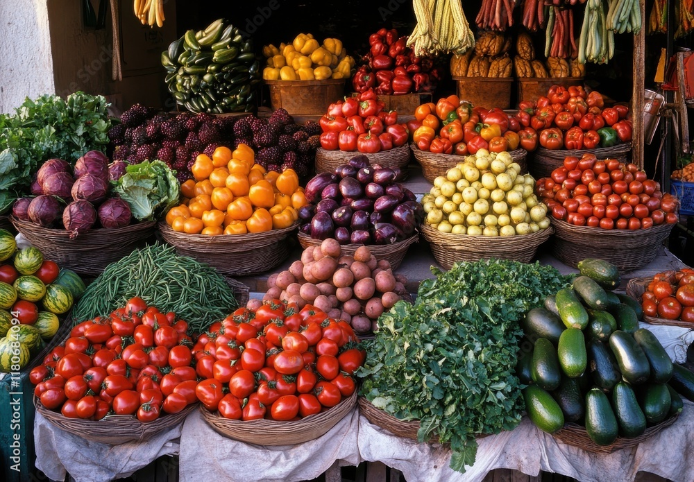 Vibrant Display of Fresh Vegetables and Fruits in Baskets at Local Market Showcasing a Rich Variety of Colorful Produce in a Bustling Atmosphere Vibrant Display of Fresh Vegetables and Fruits in Baskets at Local Market Showcasing a Rich Variety of Colorful Produce in a Bustling Atmosphere