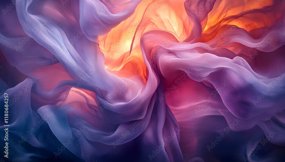 Obraz premium Abstract image of flowing purple and orange fabric, showcasing texture and vibrant color gradients. Perfect for design projects or artistic backgrounds.