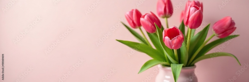 Fototapeta premium A bouquet of tulips with greenery in a soft pink vase, flowers, spring
