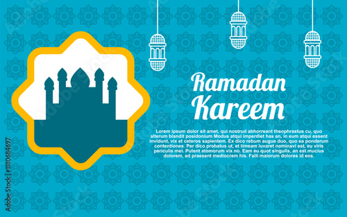 Ramadan Kareem with blue background and gold lanterns for Islamic holiday greetings