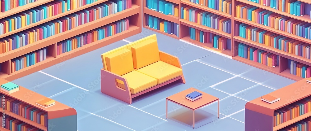 Cozy library corner with bookshelves, sofa, and table. Cozy library corner with bookshelves, sofa, and table.