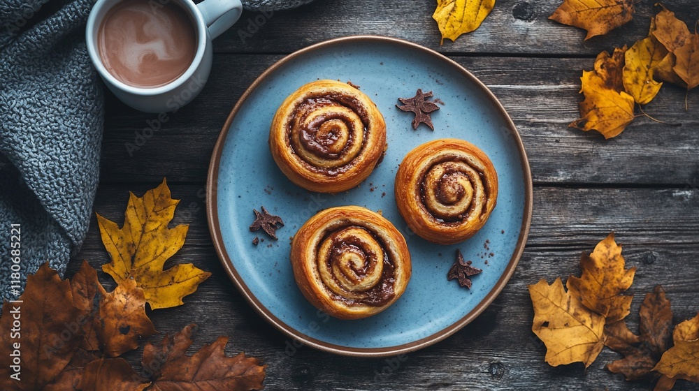 Autumn Cinnamon Rolls, Cozy Drink, Wooden Table Autumn Cinnamon Rolls, Cozy Drink, Wooden Table
