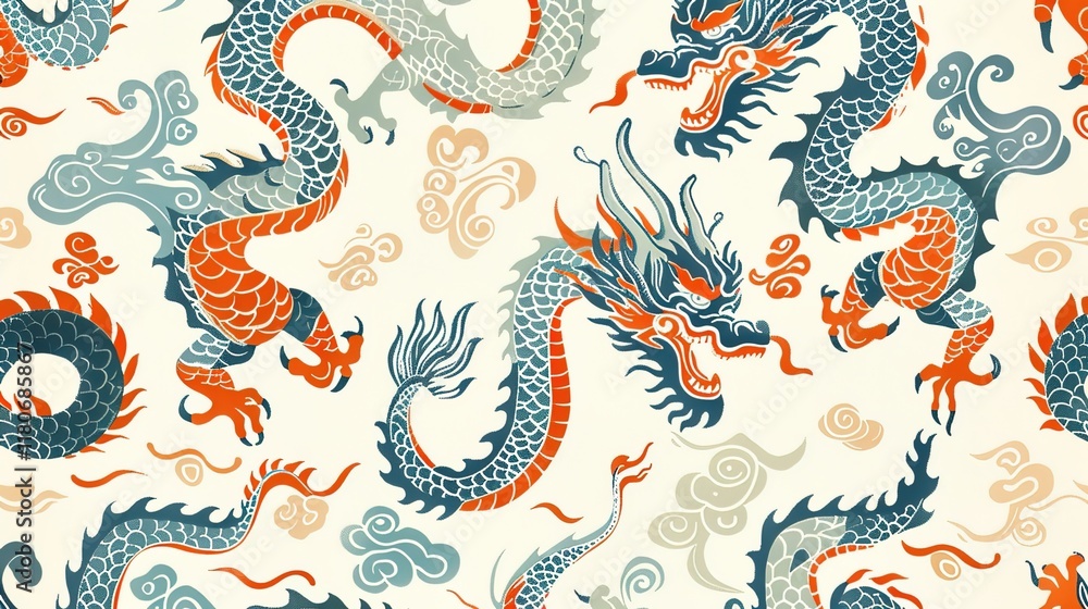 Obraz premium chinese dragon seamless pattern wallpaper