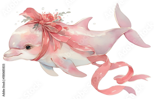 PNG Coquette chubby dolphin illustration animal ribbon.