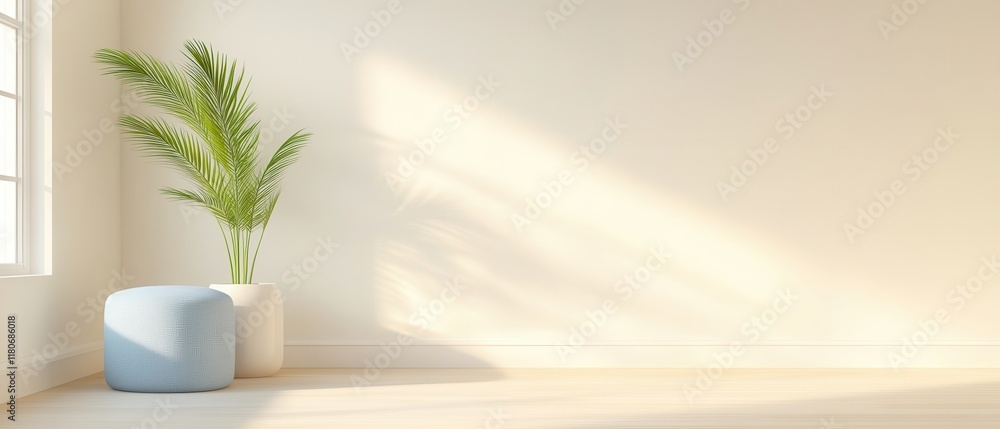 A white room with a plant and a blue pillow A white room with a plant and a blue pillow